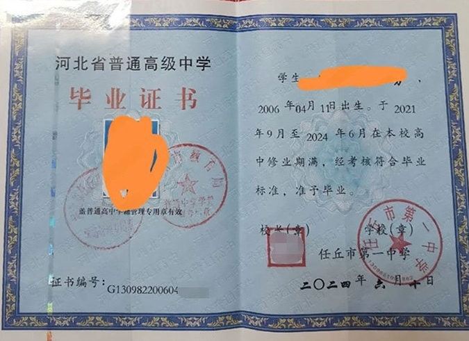 历城任丘市第一中学高中毕业证样本图片
